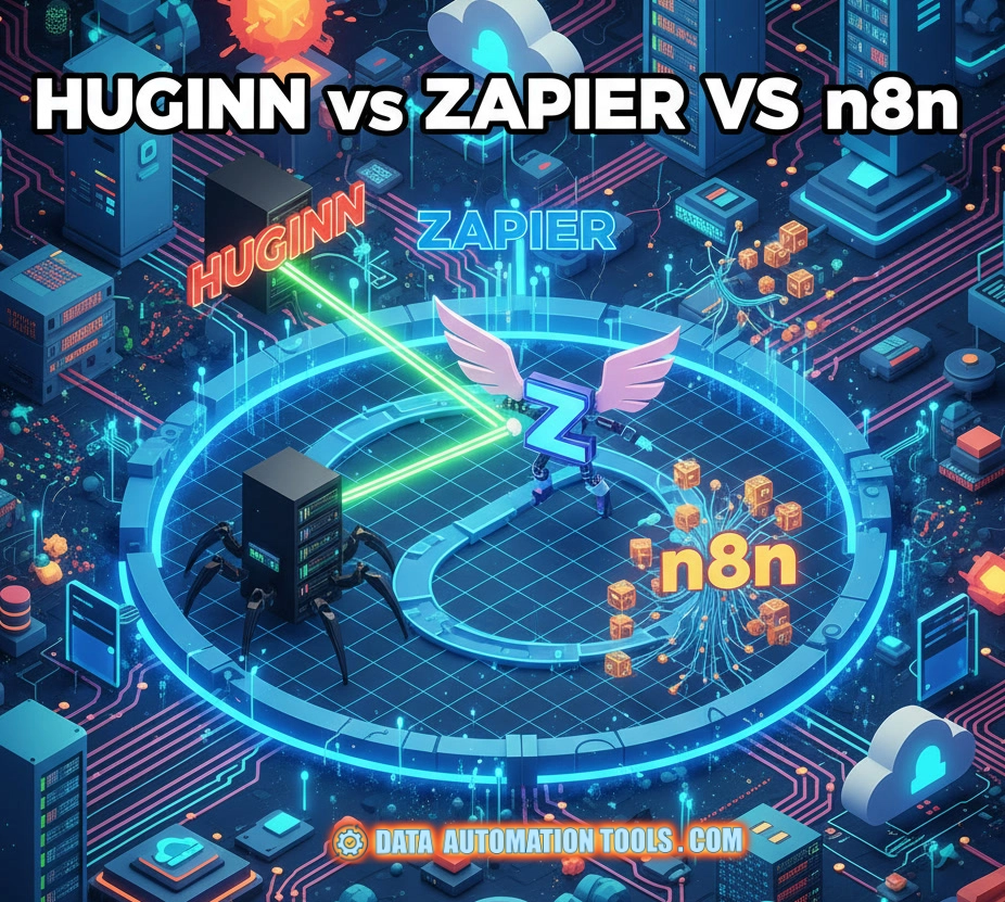 image of three data tools: huginn, zapier, and n8n, battling for domination