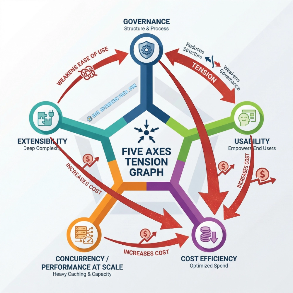 an illustration of the various axes of a data analysis tool exerting tension against one another