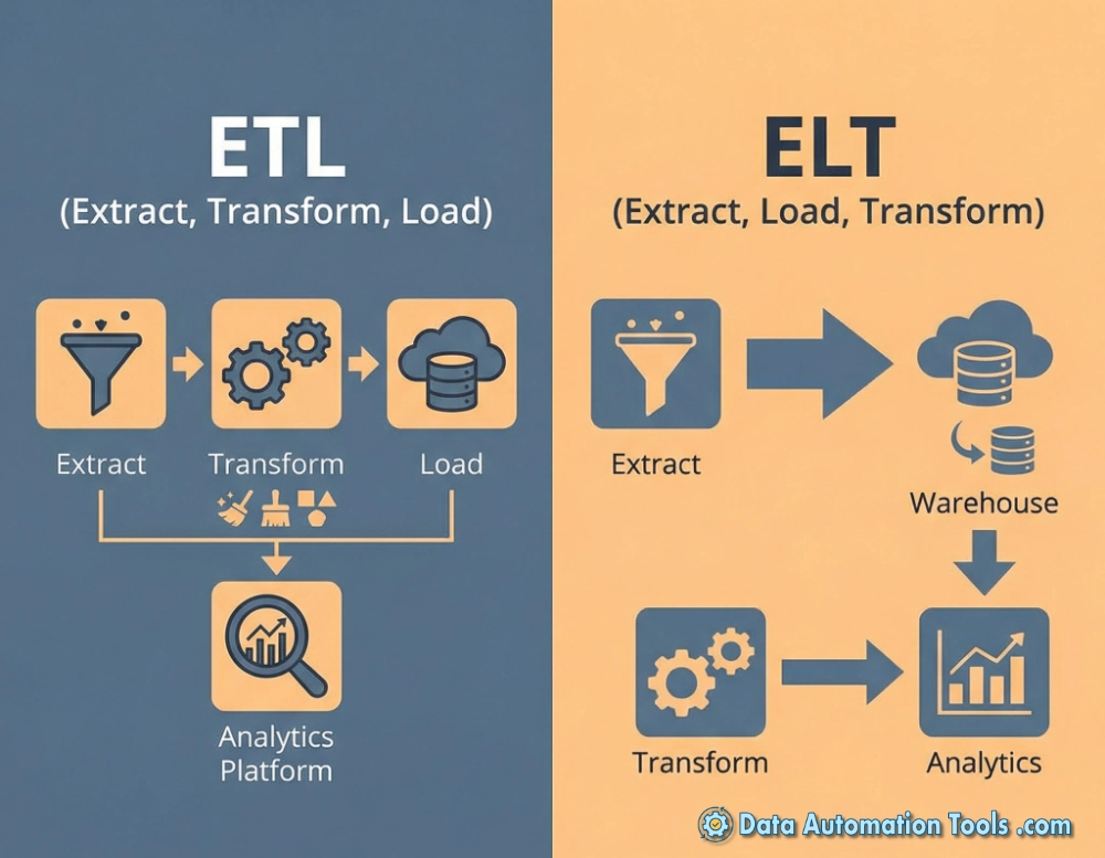 a poster depicting the different methods for data transformation - etl vs elt