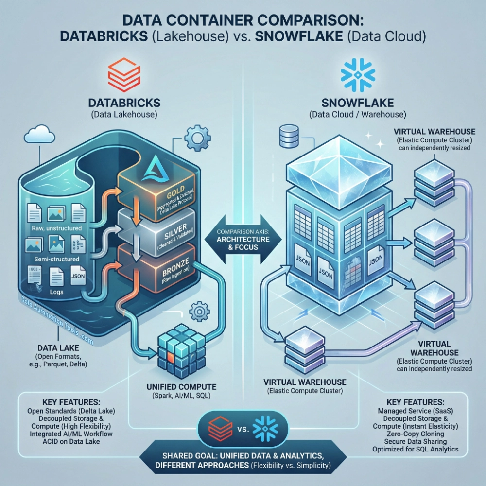 an illustration comparing side-by-side the lakehouse databricks and the data warehouse snowflake
