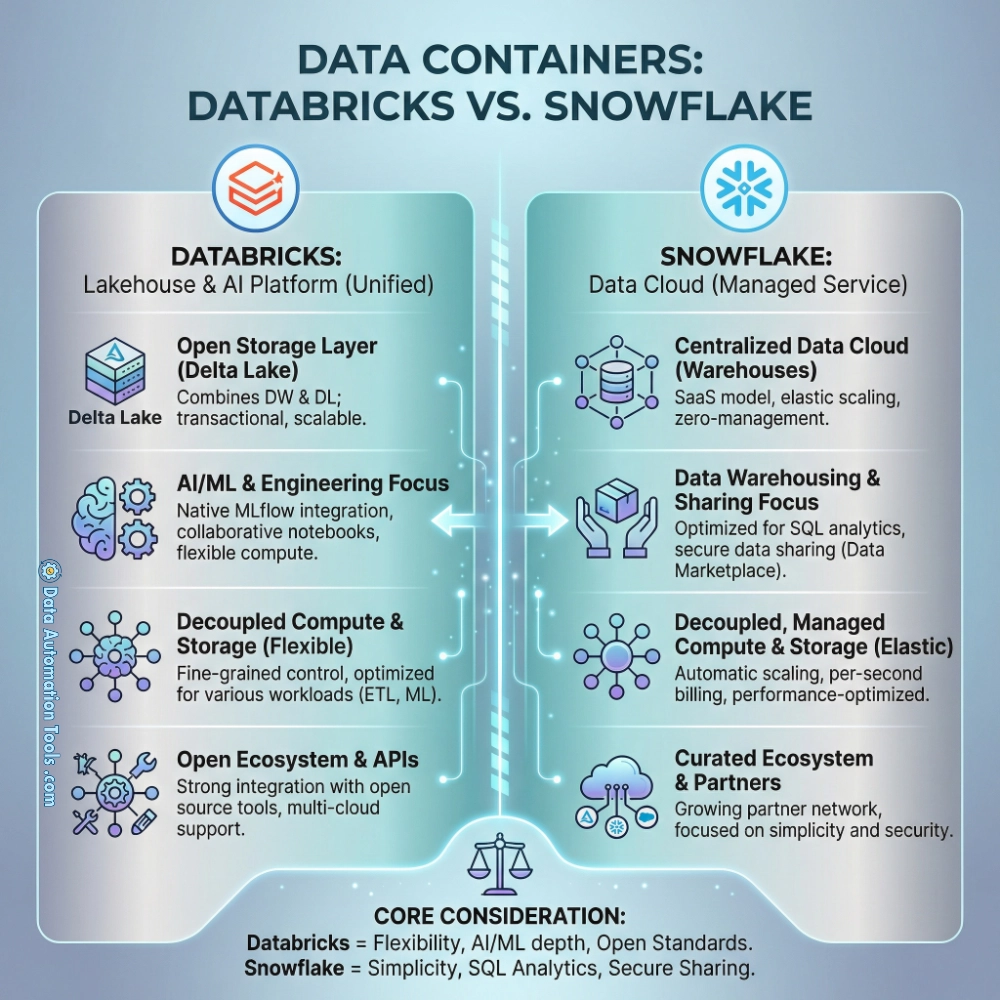 an image depicting a databricks vs snowflake data container side-by-side comparison