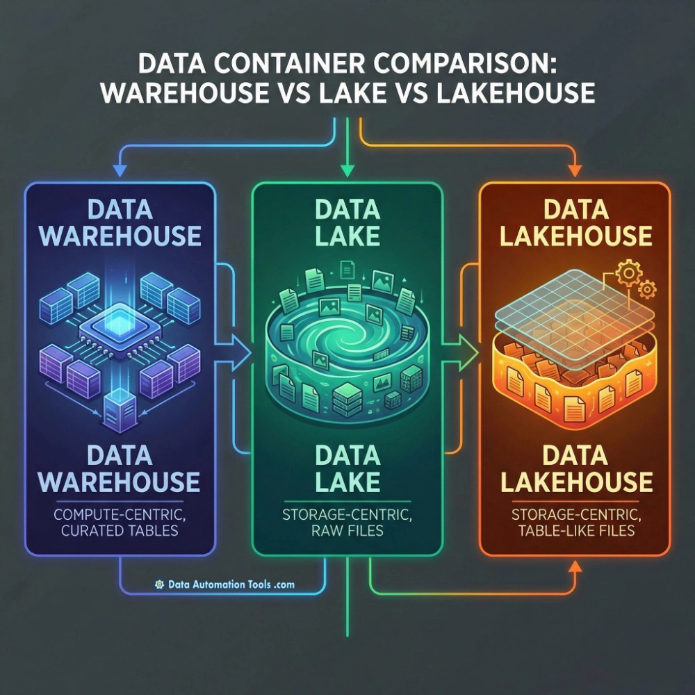 an illustrating of the differences between a data warehouse, a data lake, and a lakehouse